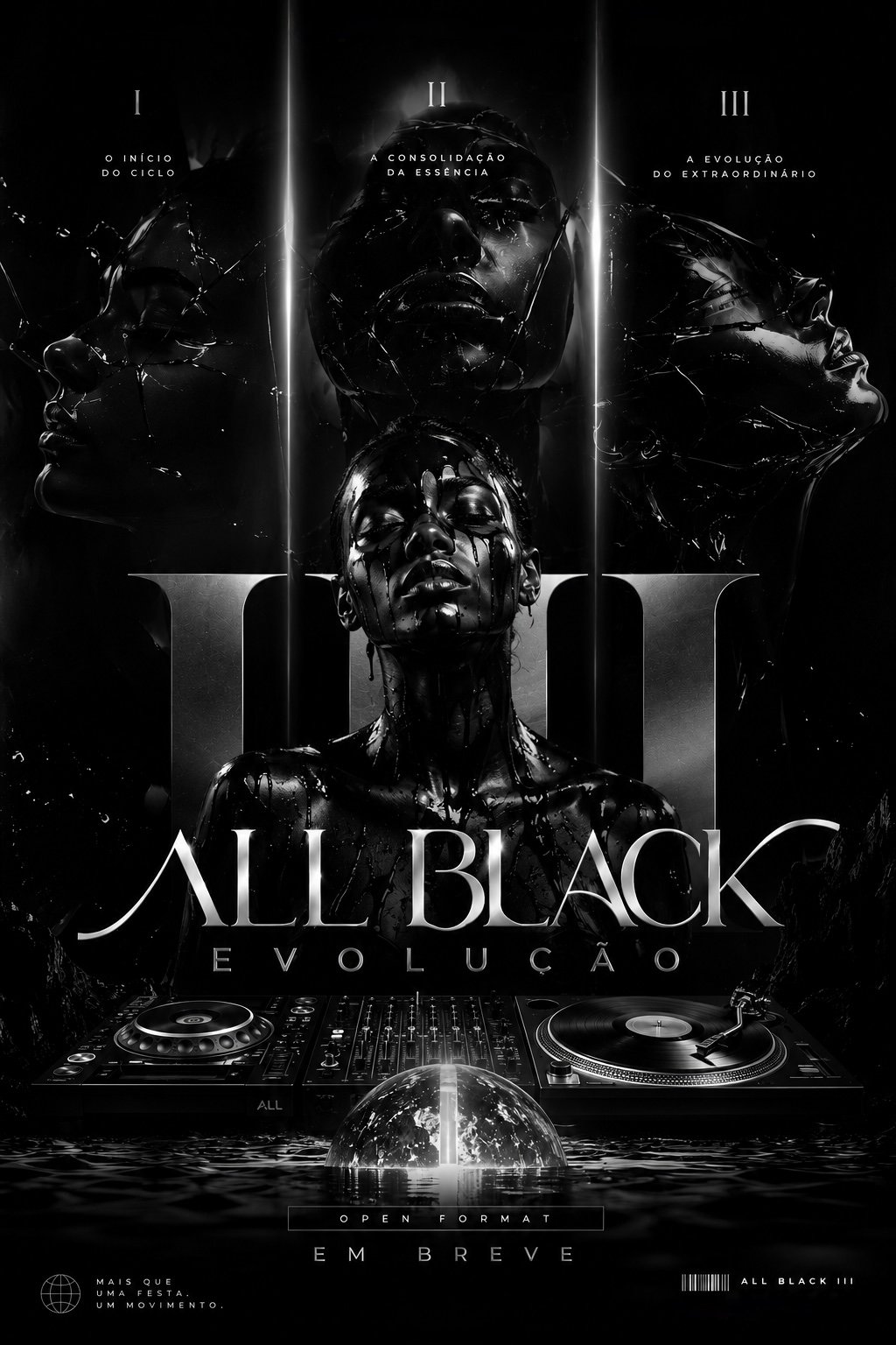 Arte da ALL BLACK III Evolução: rostos cobertos de líquido preto, numeral III e mesa de DJ sobre a água